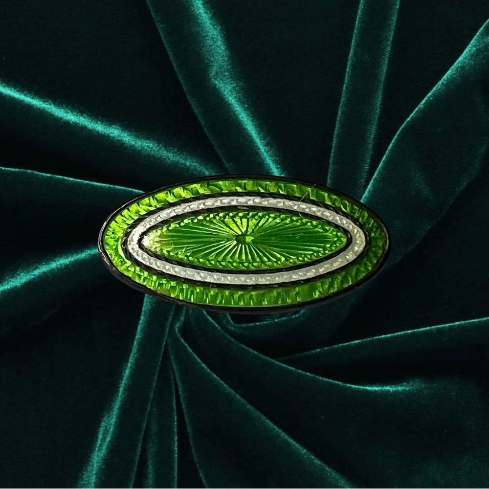 Edwardian Light green Guilloche’ Enamelled Oval Pin 1 1/8”.